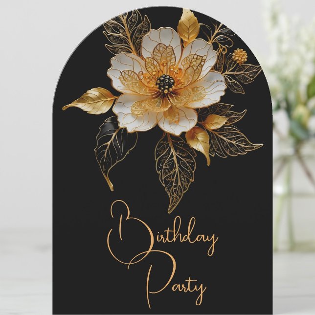 Invitación Elegante Naranja de cumpleaños Gold Flor negra (Subido por el creador)