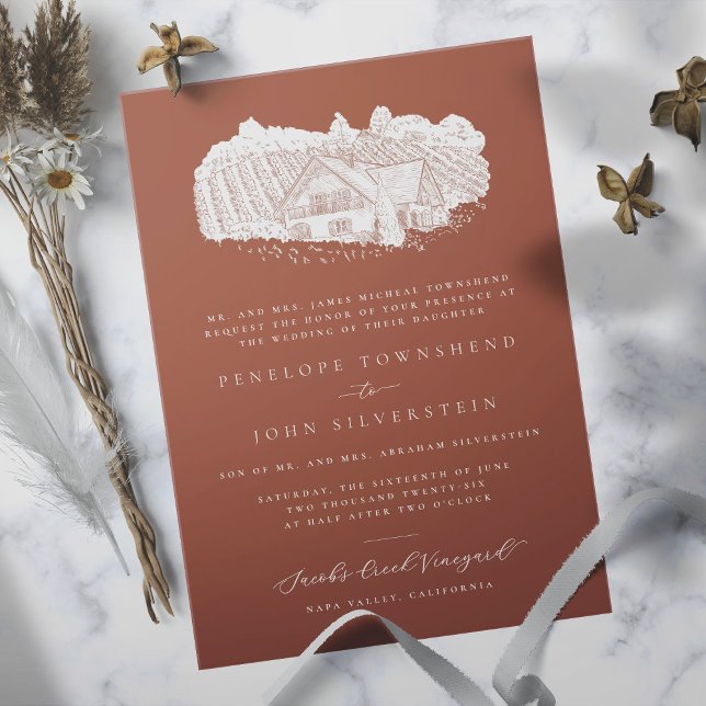 Invitación Elegante Naranja de dibujo de viñedos Boda formal (Burnt orange formal wedding invitation with an illustration of a vineyard)