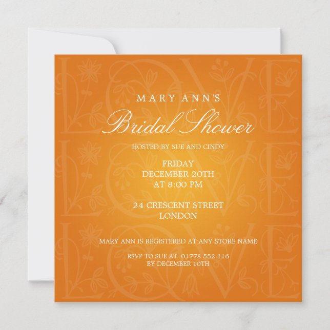 Invitación Elegante Naranja de ducha nupcial florece el amor (Anverso)
