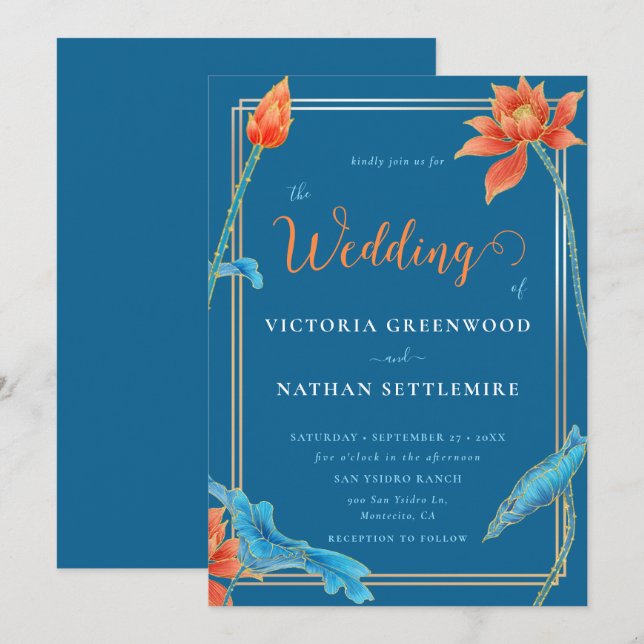 Invitación Elegante Naranja de flores de Lotus y Boda azul (Anverso / Reverso)
