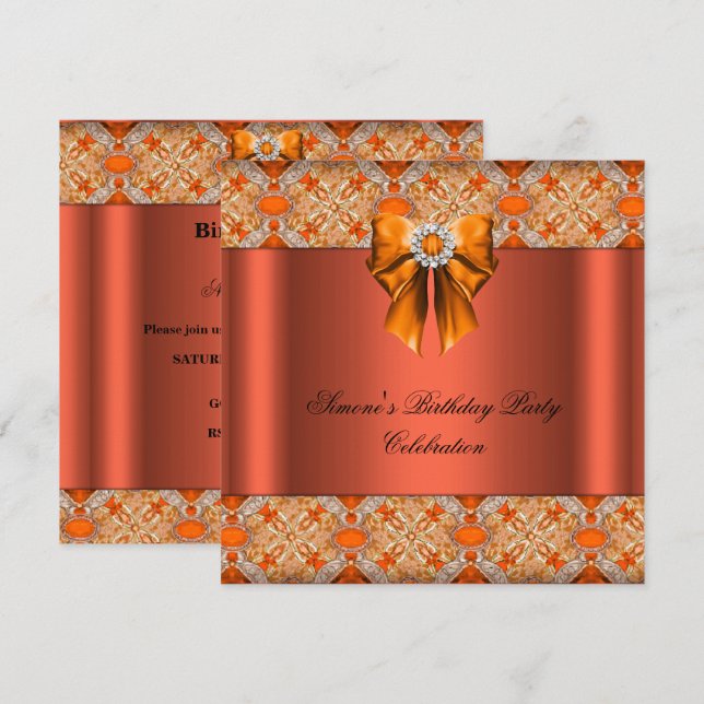 Invitación Elegante Naranja de joyas Bow Diamonds Fiesta (Anverso / Reverso)