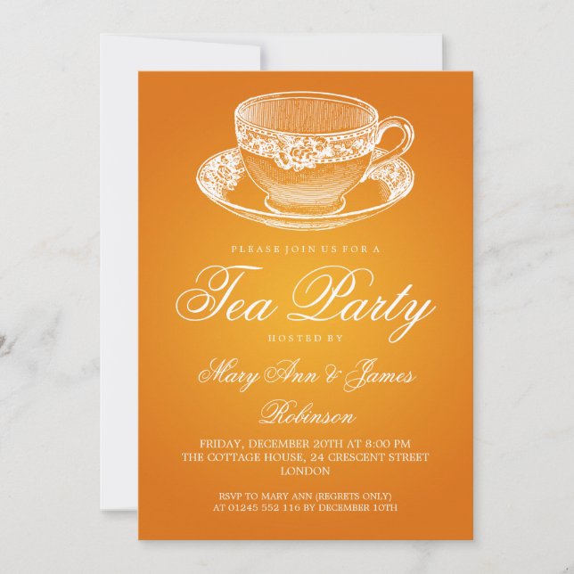 Invitación Elegante Naranja de la Tea Fiesta Vintage (Anverso)