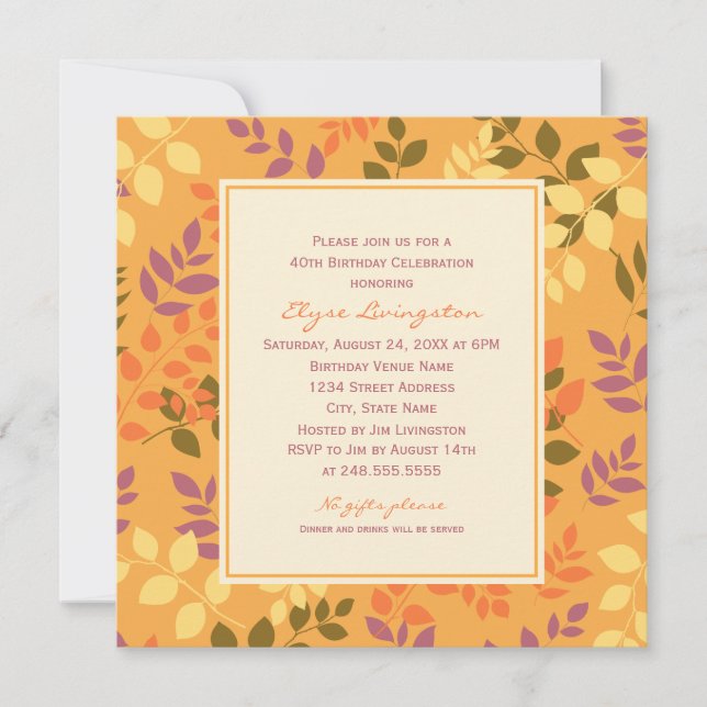Invitación Elegante Naranja de otoño deja celebración del cum (Anverso)
