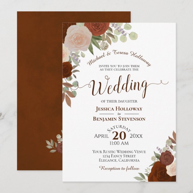 Invitación Elegante Naranja de óxido acuarela Boda floral (Anverso / Reverso)