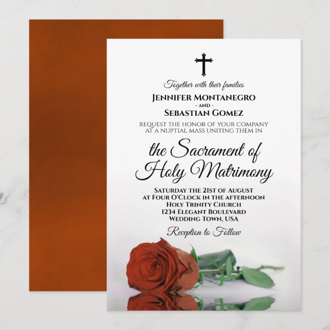 Invitación Elegante Naranja de óxido Rosa Boda católico moder (Anverso / Reverso)