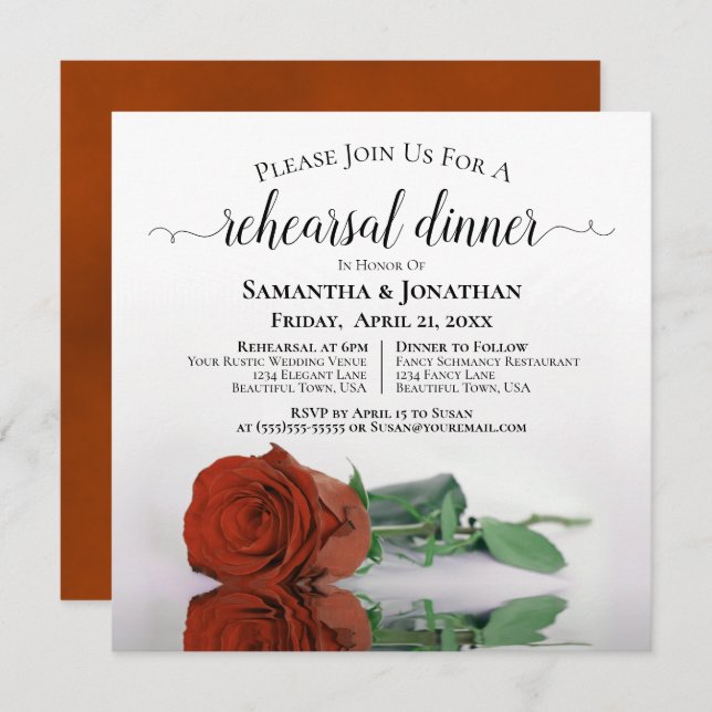 Invitación Elegante Naranja de óxido Rosa Boda ensayar cena (Anverso / Reverso)