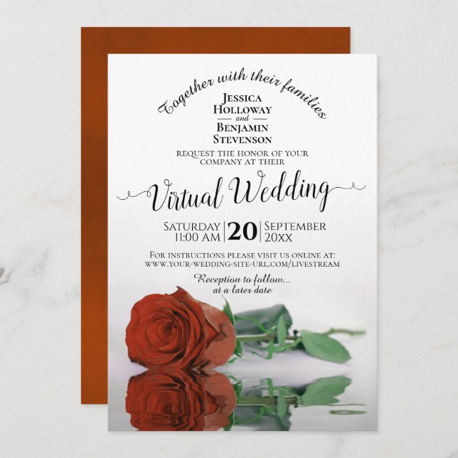 Invitación Elegante Naranja de óxido Rosa romántico Boda virt (Anverso / Reverso)