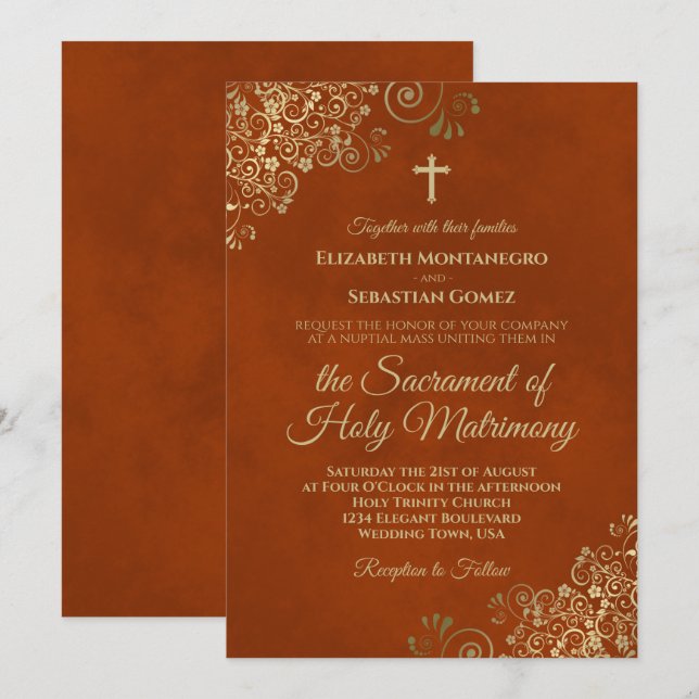 Invitación Elegante Naranja de óxido y Boda católico moderno  (Anverso / Reverso)
