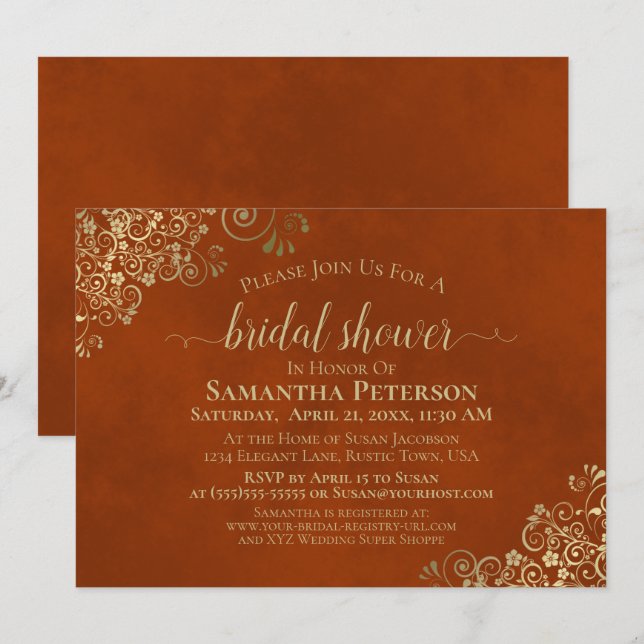 Invitación Elegante Naranja de óxido y ducha de novia dorada (Anverso / Reverso)