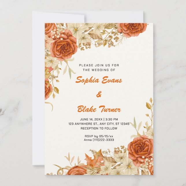 Invitación Elegante Naranja de país Rosas Boda Crema Blanca (Anverso)