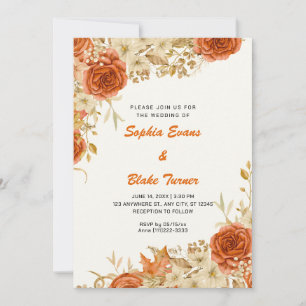 Invitación Elegante Naranja de país Rosas Boda Crema Blanca