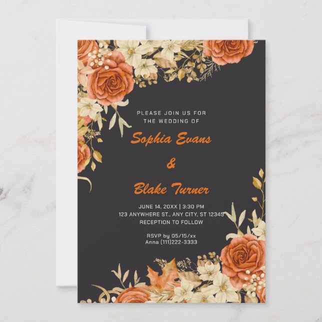 Invitación Elegante Naranja de país Rosas Boda gris (Anverso)