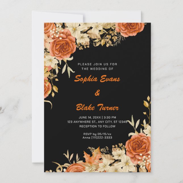 Invitación Elegante Naranja de país Rosas Boda negro (Anverso)
