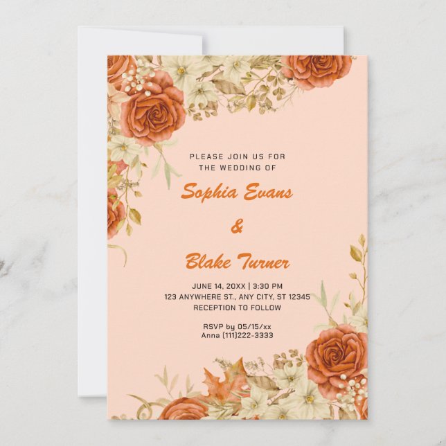 Invitación Elegante Naranja de país Rosas Naranja Cream Boda (Anverso)