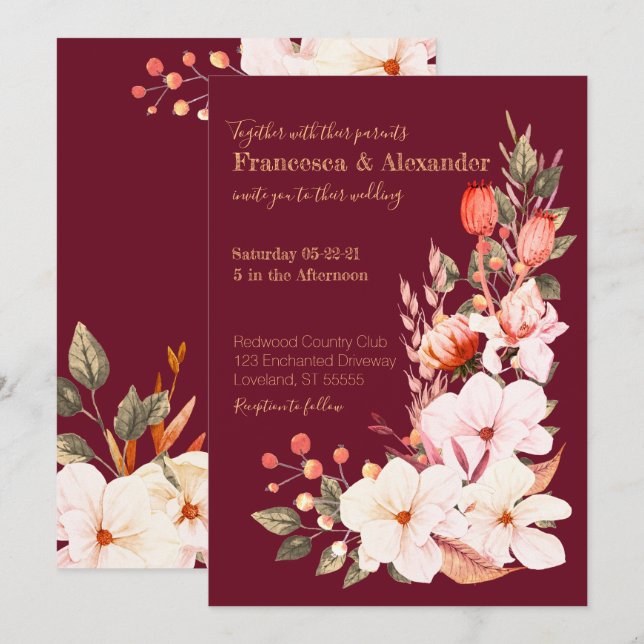 Invitación Elegante Naranja de Rubor Borgoña Boda Floral (Anverso / Reverso)