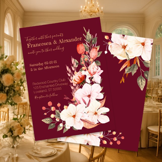 Invitación Elegante Naranja de Rubor Borgoña Boda Floral (Subido por el creador)