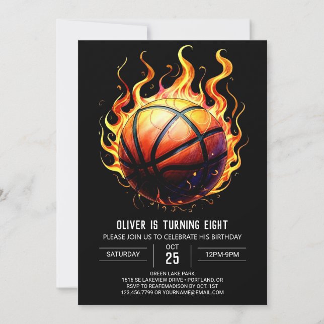 Invitación Elegante Naranja Digital Baloncesto Cumpleaños (Anverso)