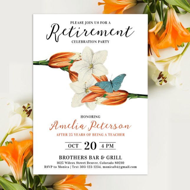 Invitación Elegante Naranja Elegante Floral de Jubilación Bla (Subido por el creador)