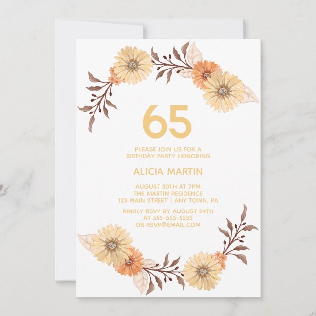 Invitación Elegante Naranja Flor Oro Cumpleaños Blanco (Anverso)