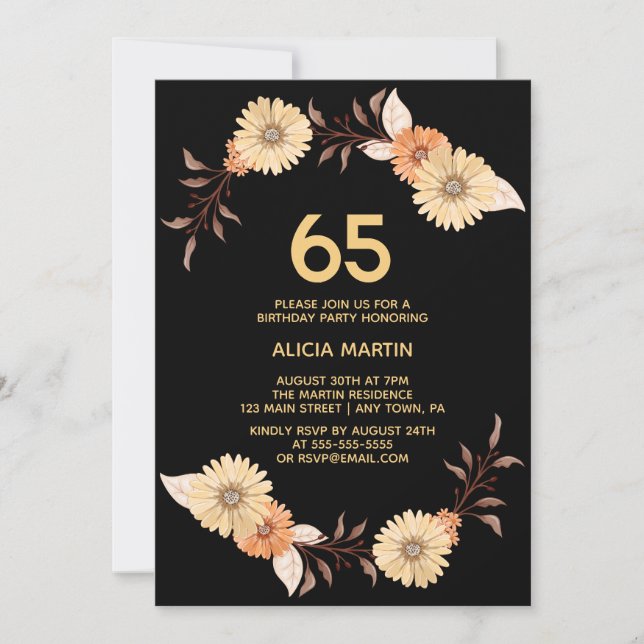 Invitación Elegante Naranja Flor Oro Nacimiento Negro (Anverso)