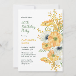 Invitación Elegante Naranja floral anémona y cumpleaños blanc