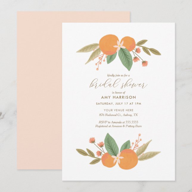 Invitación Elegante Naranja Floral Citrus Bridal Shower (Anverso / Reverso)