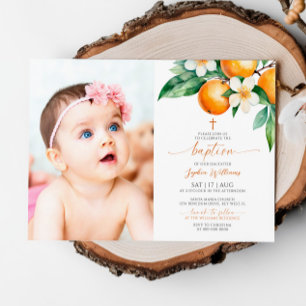 Invitación Elegante Naranja Floral Photo Baptism