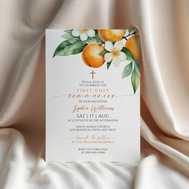 Invitación Elegante Naranja Floral Primera Santa Comunión (Subido por el creador)