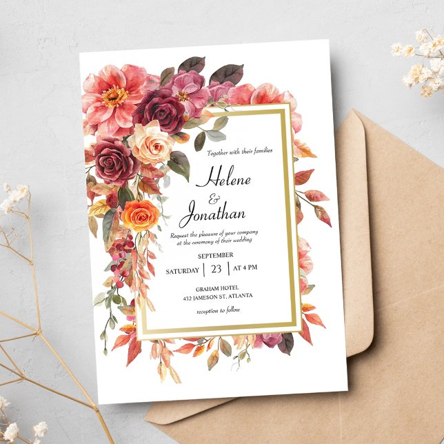 Invitación Elegante Naranja floral quemado en Borgoña Boda de (Elegant Floral Burgundy Burnt Orange Fall Wedding Invitation)