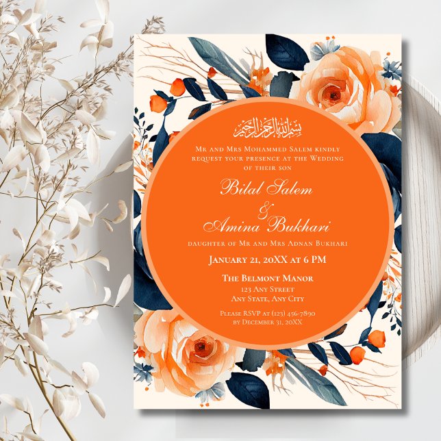 Invitación Elegante Naranja floral y Rosas azules Boda islámi (Subido por el creador)