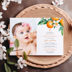Invitación Elegante Naranja Foto Floral Primera Comunión Sant