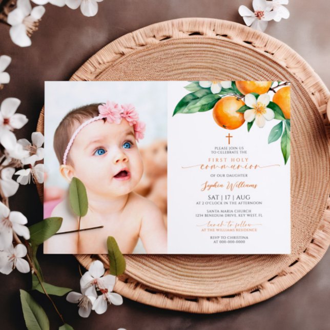 Invitación Elegante Naranja Foto Floral Primera Comunión Sant (Subido por el creador)
