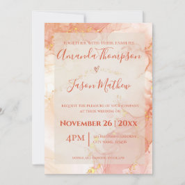 Invitación Elegante Naranja  Monograma de Mármol Oro Boda