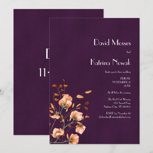 Invitación Elegante Naranja morado quemado  Florals Fall Wedd (Anverso / Reverso)