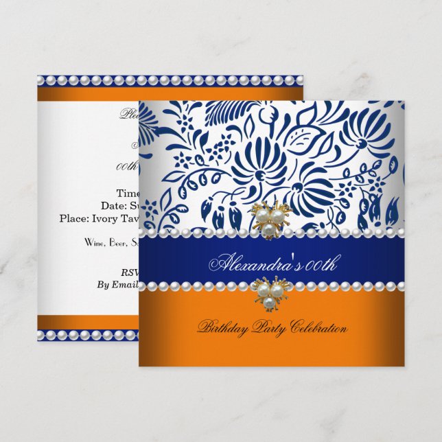 Invitación Elegante Naranja Navy Blue Damask Pearl Fiesta 2 (Anverso / Reverso)