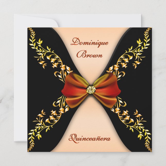 Invitación Elegante Naranja negro diamante compás Quinceanera (Anverso)