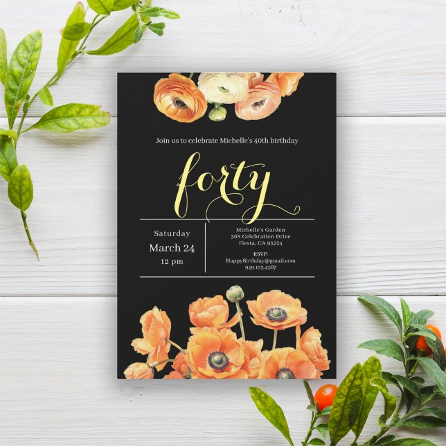 Invitación Elegante Naranja negro Floral 40 Fiesta de cumplea (Subido por el creador)