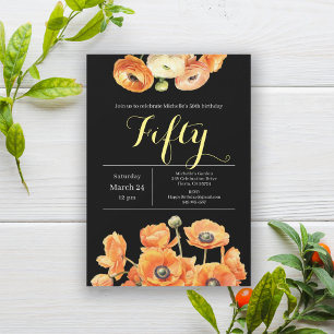Invitación Elegante Naranja negro Floral 50 cumpleaños