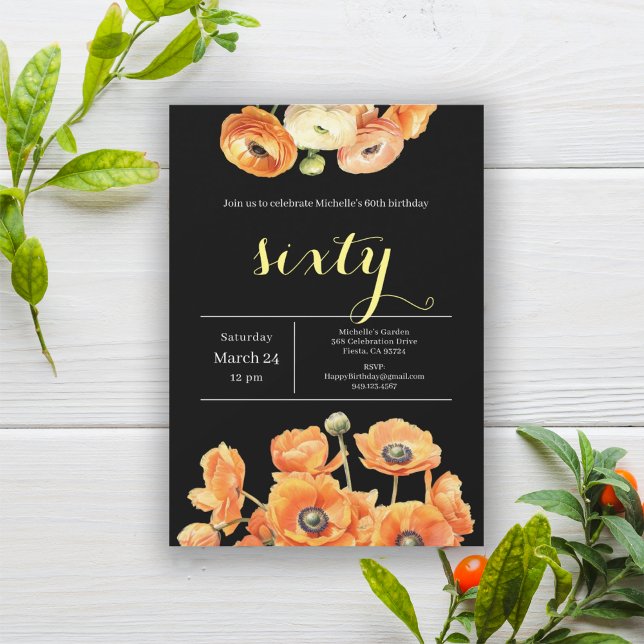 Invitación Elegante Naranja negro Floral fiesta de cumpleaños (Subido por el creador)