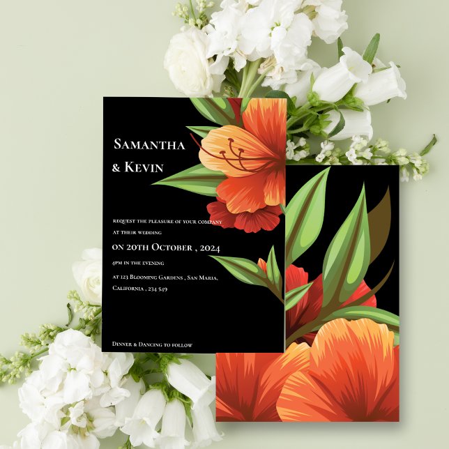 Invitación Elegante Naranja negro Moody Boda floral (Elegant Dark Moody Orange Floral Wedding Invitation)