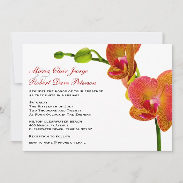 Invitación Elegante Naranja Orchids Tropical Beach Wedding (Anverso)