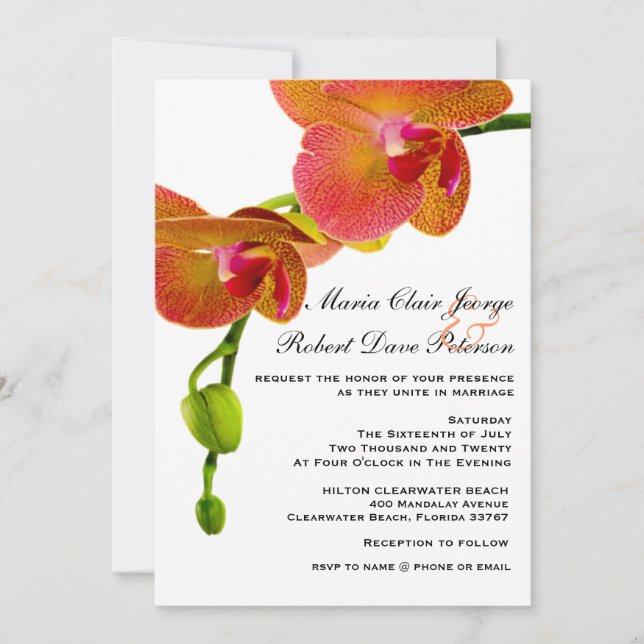 Invitación Elegante Naranja Orquídeas Tropical Beach Wedding (Anverso)