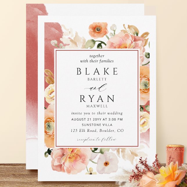 Invitación Elegante, Naranja oxidada Boda botánico Rubor Peac (Subido por el creador)