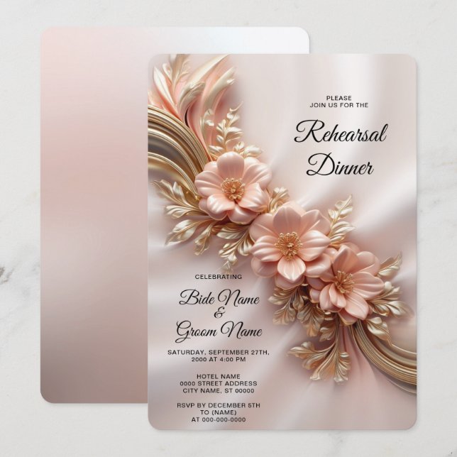 Invitación Elegante Naranja Peach Floral Ensayo Cena (Anverso / Reverso)