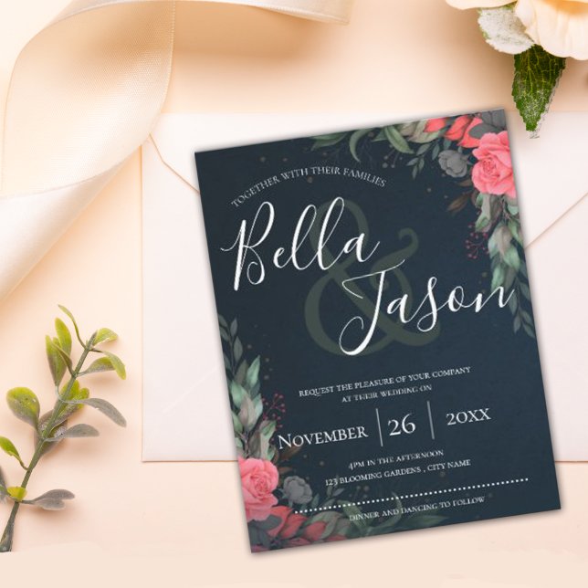 Invitación Elegante Naranja Peach Gray Floral Script Boda (Subido por el creador)