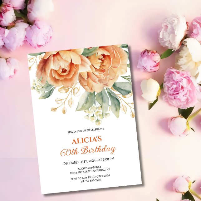 Invitación Elegante Naranja Peony Gold Leaf Greenery Cumpleañ (Subido por el creador)