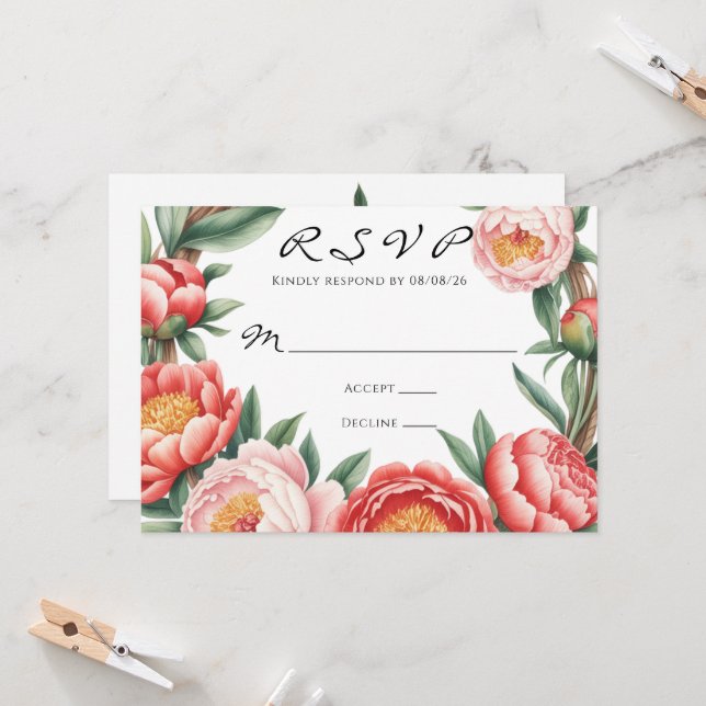 Invitación Elegante Naranja Peony Paint Wedding RSVP (Anverso/Reverso In Situ)