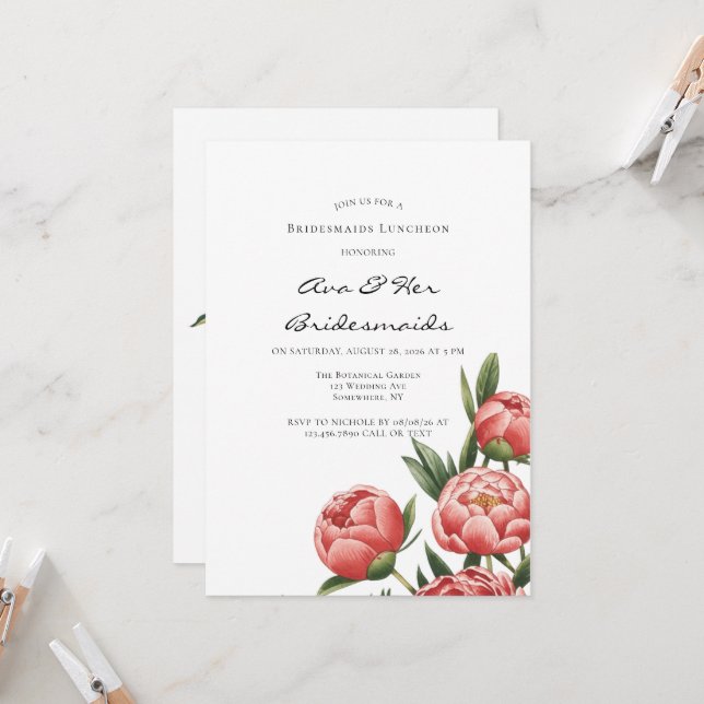 Invitación Elegante Naranja Peony Pintado Bridesmaids Luncheo (Anverso/Reverso In Situ)