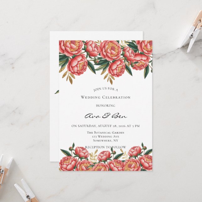 Invitación Elegante Naranja Peony Pintó Celebración Boda (Anverso/Reverso In Situ)