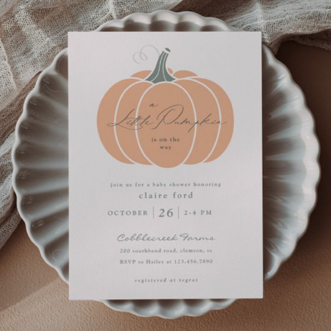 Invitación Elegante Naranja Pequeña Calabaza Cae Baby Shower (Elegant orange peach pumpkin fall winter baby shower invitations.)